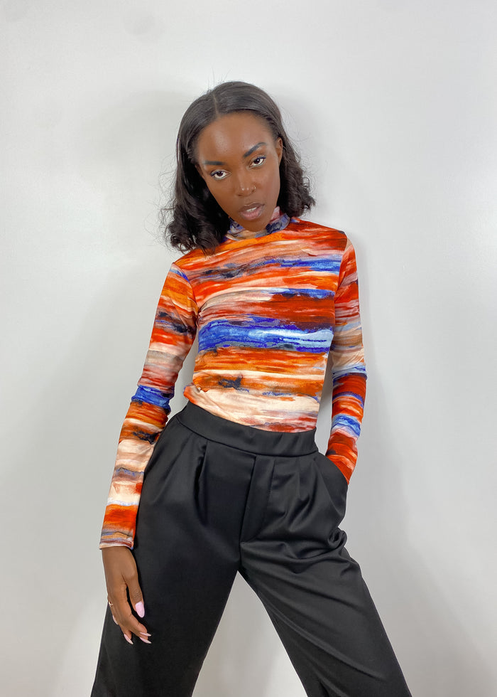 col roulé motif tie-dye tie-dye turtleneck fait à Montréal. Éthique. GABRYELLE DESIGNS. Gabrielle Designs. Sustainable. Local. Canadian.