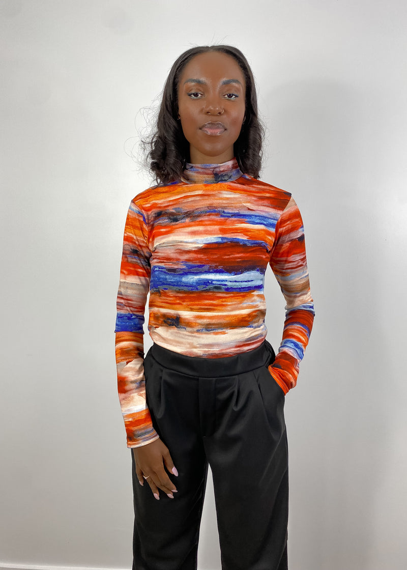 col roulé motif tie-dye tie-dye turtleneck fait à Montréal. Éthique. GABRYELLE DESIGNS. Gabrielle Designs. Sustainable. Local. Canadian.